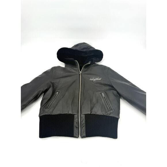 VTG Baby Phat Jacket Womens Large Black Leather Hood Fleece Lined Coat Y2K READ - Picture 6 of 16